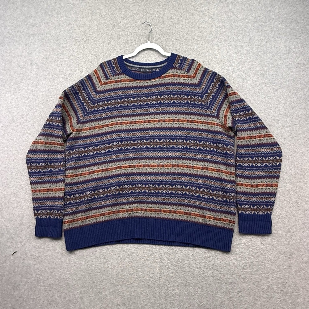 Lands End Sweater 2LX Blue V-Neck Merino Wool Colorful Geometric Artsy XXl Men's